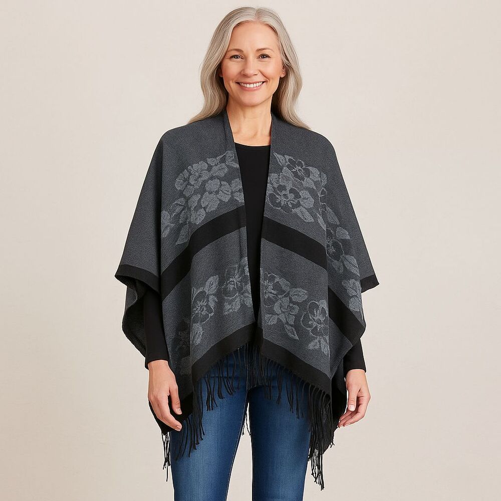k.i.t. Accessories Reversible Floral Fringe Poncho Wrap Shawl Gray Black One Siz